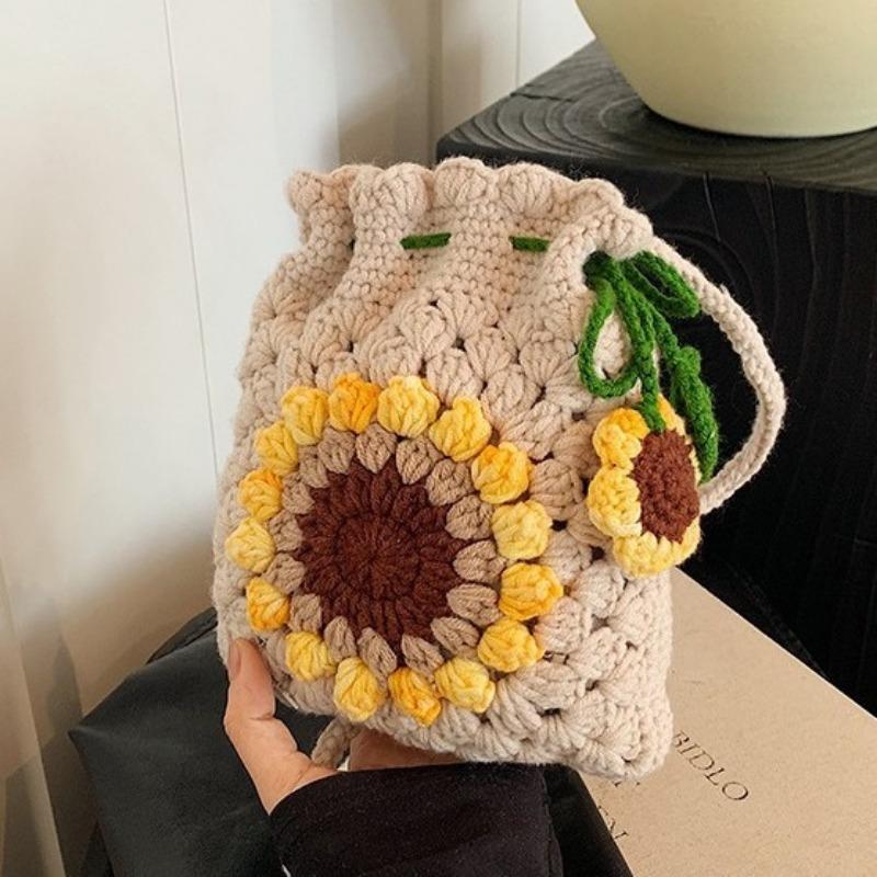 Knitted Wool Bag Sunflower Drawstring Phone Bag Woven Single Shoulder Crossbody Bucket Bag