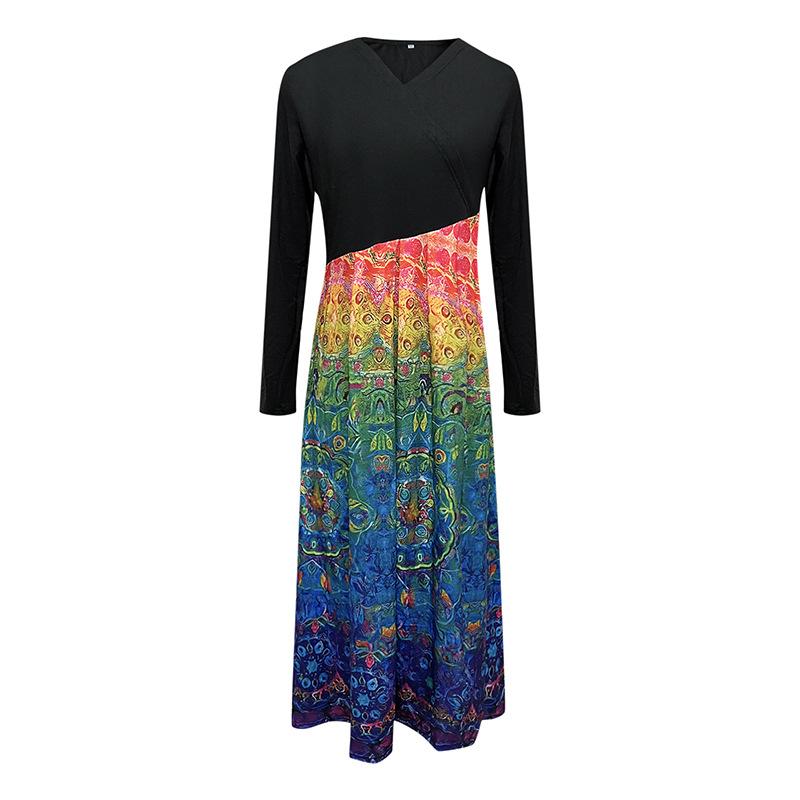Women's Long Sleeve Black Top with Printed Maxi Skirt Dress, Bohemian Floral Geometric Pattern, Multiple Color Options