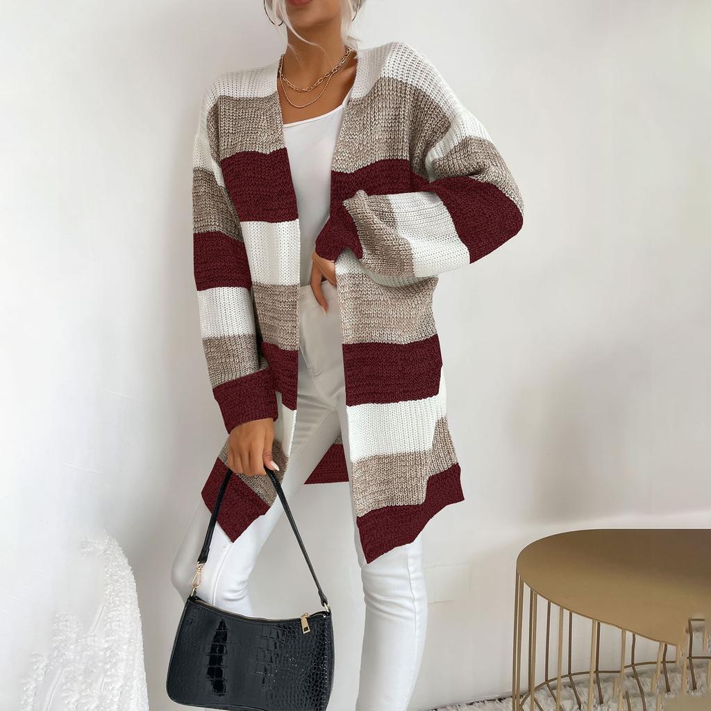 Women's Fashion Loose Early Autumn New Mid-length Knitted Cardigan Japanese Striped Color Matching Sweater Jacket