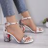 Fashion Women Sandals Summer New Vintage Flower Print Open Toe High Heels Shoes Woman Fashion Casual Buckle Ankle Strap Sandals Women