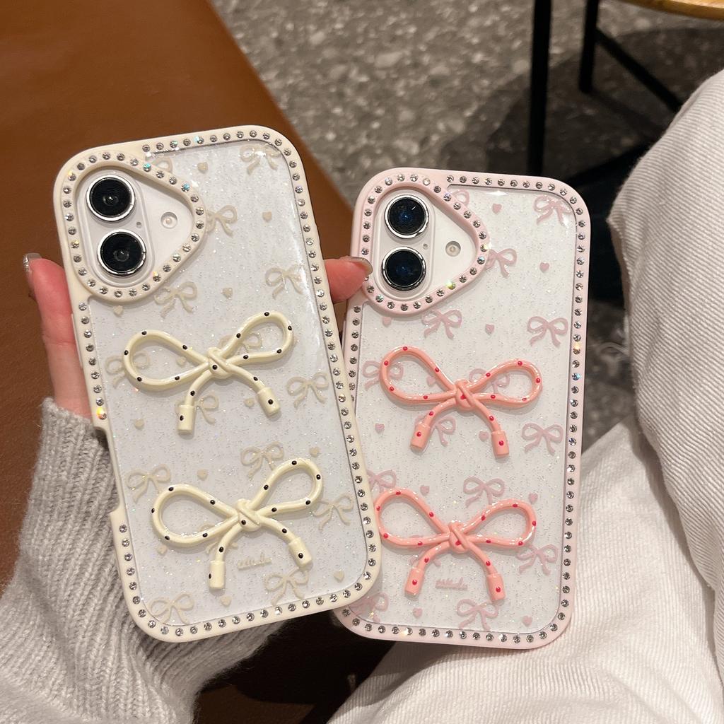 For iPhone 16 Plus Case Two Bow Epoxy Design TPU+PC Phone Back Cover Rhinestone Decor