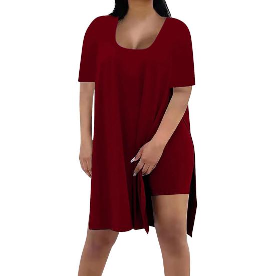 Women Plus Size 2 Piece Outfits Side Split Short Sleeve Tunic Tops And Skinny Biker Shorts Sets Summer Lounge Tracksuit