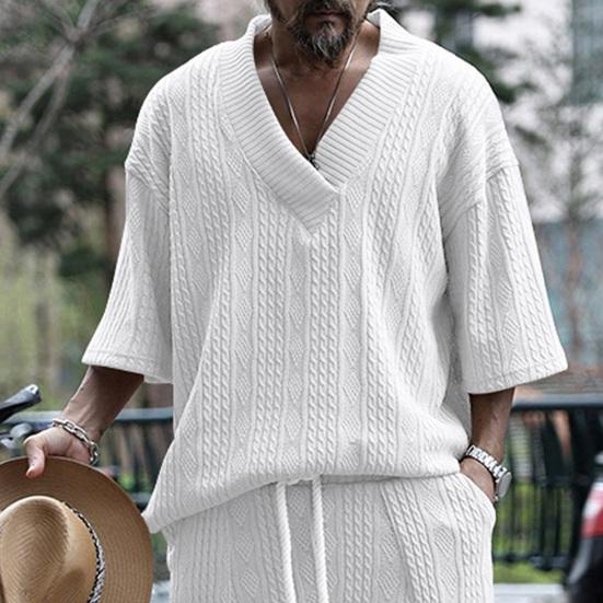 Мужской верх вязаный V-образный вырез с половиной рукавом свободный мешковатый сплошной цвет ретро аппликация эластичный мягкий дышащий средней длины спортивная повседневная футболка мужская футболка