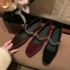 Sheepskin Version~ Genuine Leather French Square Head Light Mouth High Heels One-word Diamond Belt Low Heel Suede Mary Jane Single Shoes Ladyshoes