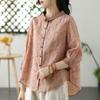 Spring Summer Print Lightweight Breathable Artistic Loose Cotton Linen Blouse Seven Quarter Sleeve Round Collar Shirt Top for Women