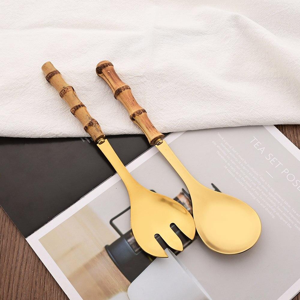 2Pcs Serving Utensils Cutlery 304 Stainless Steel Big Fork and Spoon with Natural Bamboo Handle Food Serving Salad Spork Server Spoon Tableware Set