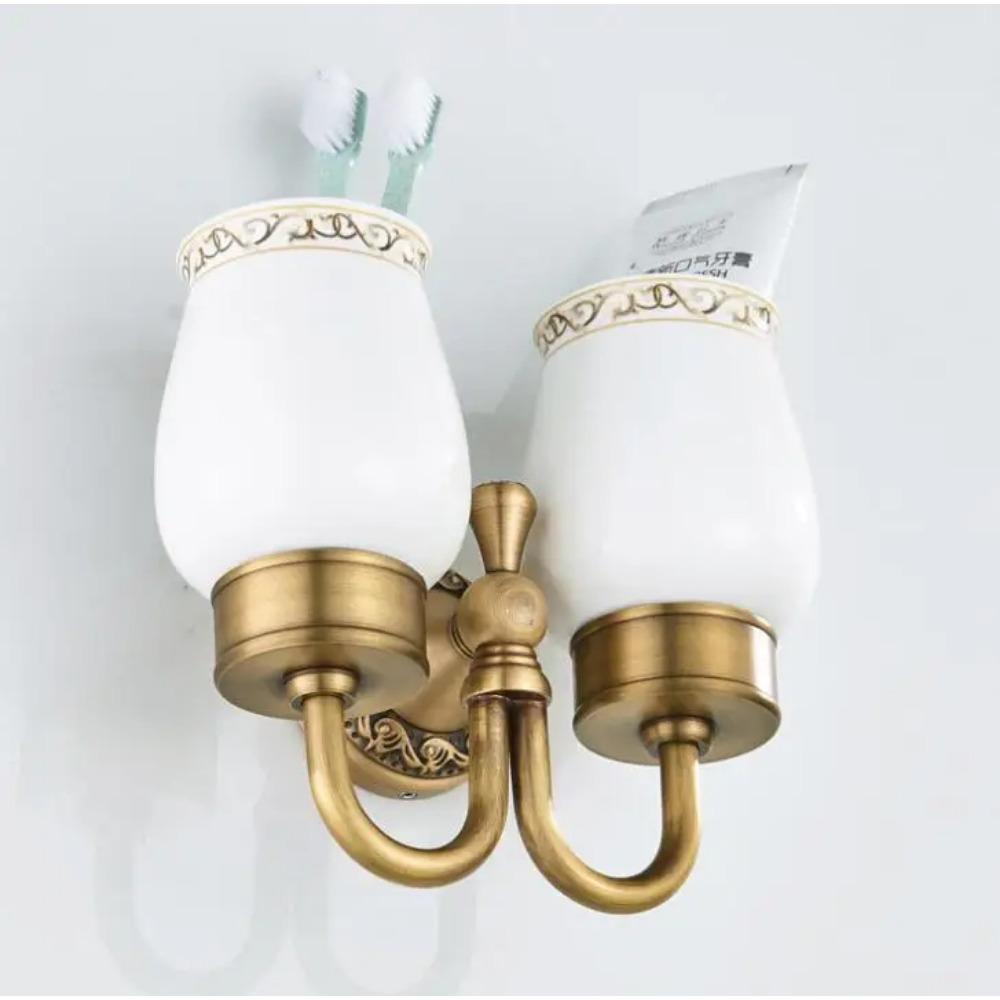 Wall Mount Antique Double Cup Holder Brass+Glass Bathroom Accessories Cup Tumbler Holders,Toothbrush Cup Holders F8308