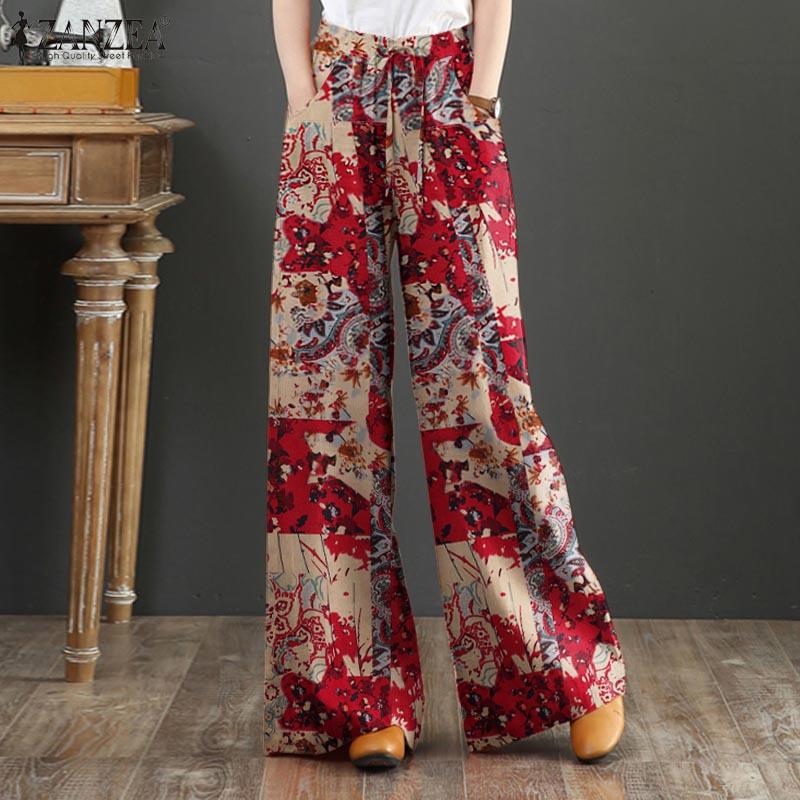 ZANZEA Women Casual Print Loose Elastic Belted Wide Leg Long Trousers