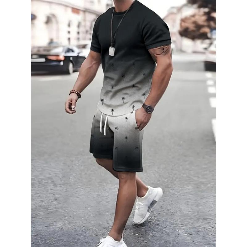 2025 Summer Fashion T Shirt Shorts Set High Temperament Street Men's Mens 3D Short Sleeve Loose Top Gradient Coconut Print Style