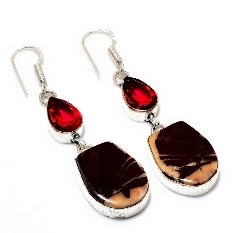 Cappuccino Jasper Garnet Gemstone 925 Silver Plated Jewelry Earring 2.27"