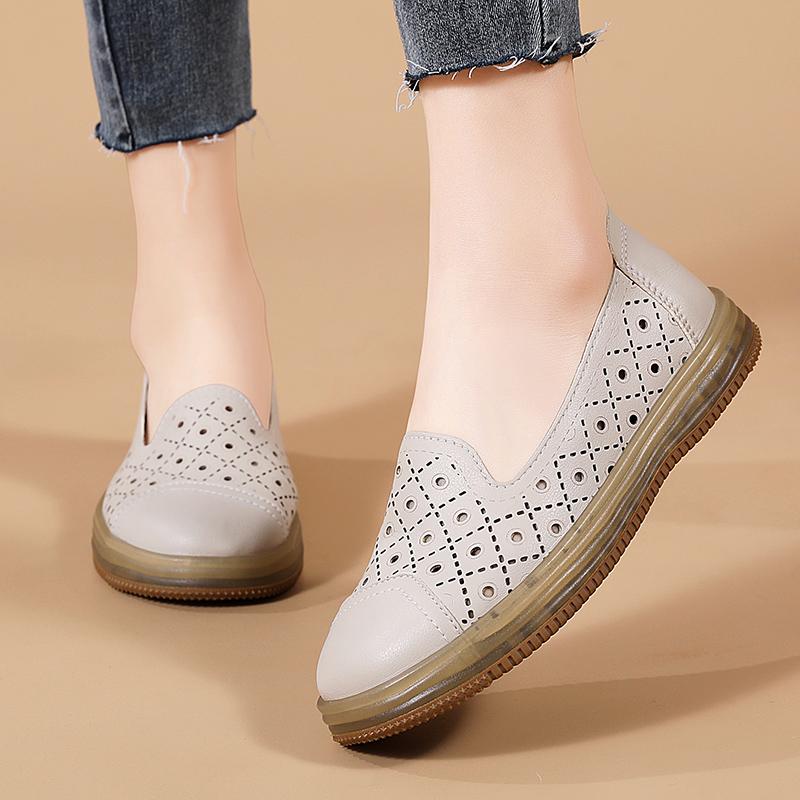 Spring Summer Leather Mesh Flat Casual Shoes Hollow Breathable Comfortable Fashion Single Shoes for Women Mom Loafers