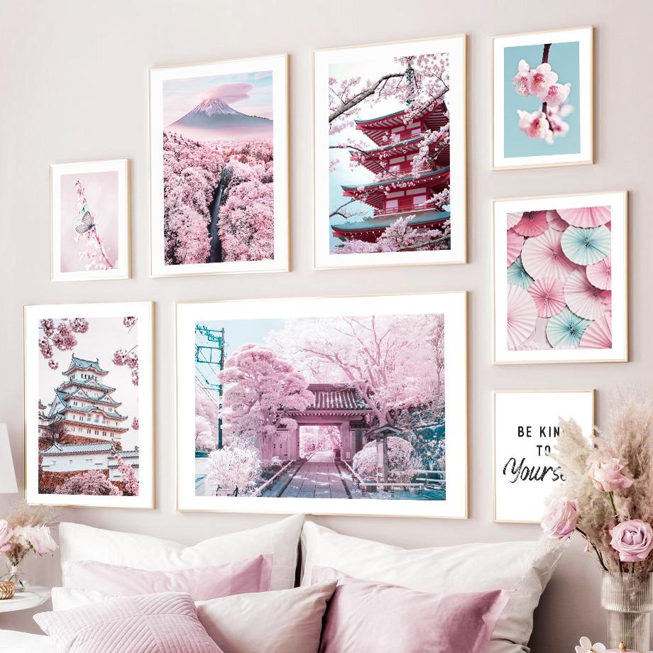 Розовая Сакура, башня Фудзи, бабочка, японская настенная живопись, холст, живопись, постеры и принты, настенные панно для декора гостиной