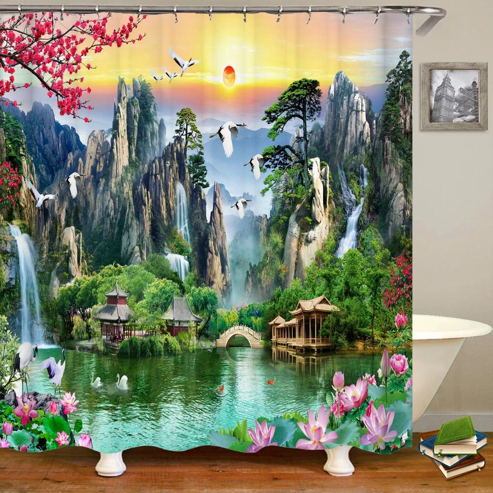 3d Printing Green Forest Waterfall Shower Curtains Waterproof Bathroom Curtain With Hooks Bath Curtain 180*200 Polyester Fabric