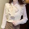 Autumn Winter Fashion New 2024 Long Sleeve Bow Collar Ruffles Velvet Lace Blouse Shirt Women Tops Blouses Shirts J757