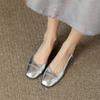 Retro Soft Leather Silver Bag Head Sandals Women's Thick Heel 2025 Summer New Square Head Single Shoes Middle Heel Versatile Back Empty