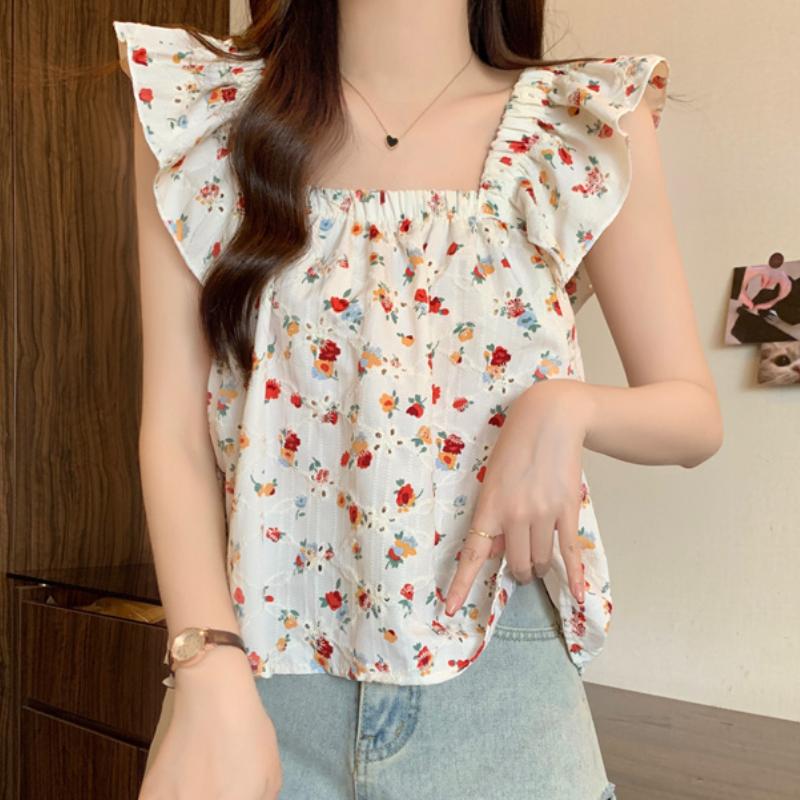 Summer New Loose Print Floral Casual Blouses Women Slim Fit Square Collar Flying Sleeve Women's Shirts Tops Elegant Vintage Female Clothing 26129