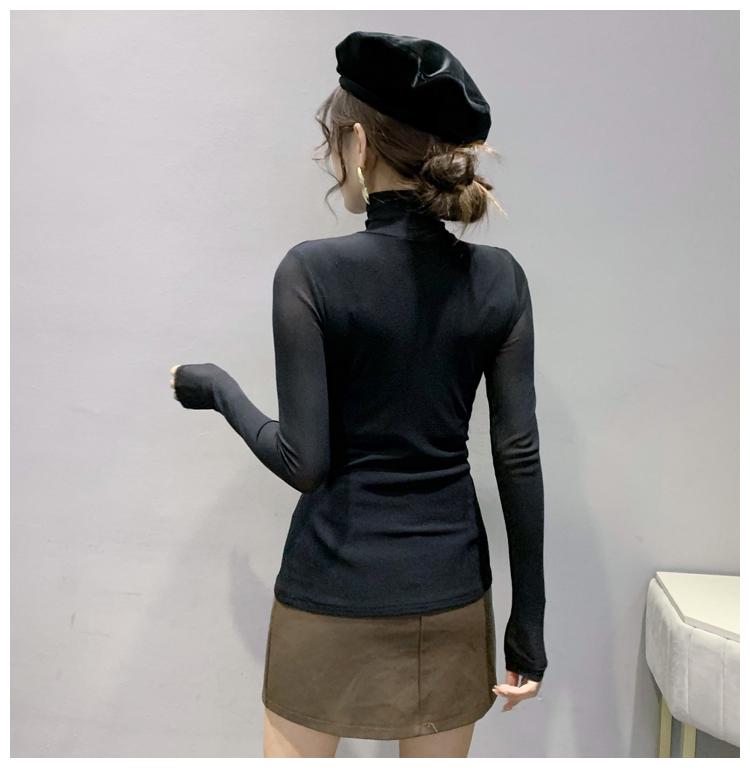 Европейский топ с высоким воротом из сетки с длинными рукавами - Женская облегающая осенняя рубашка