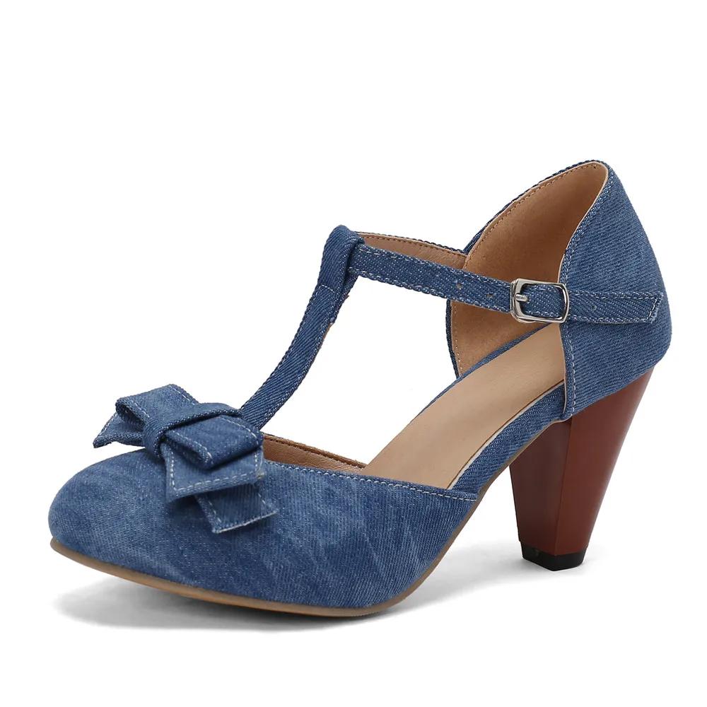 Fashion 2025 Spring Summer Girls High Heel Shoes Denim Women's Pumps T-Buckle Fashion Spike Heels High Heels for Office Party Banquet