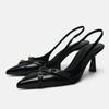 TRAF Womans Black Leather High Heel Sandals Sexy Pointed Toe Slingback Metal Buckle Pumps Sandals Summer Party High Heel Sandals