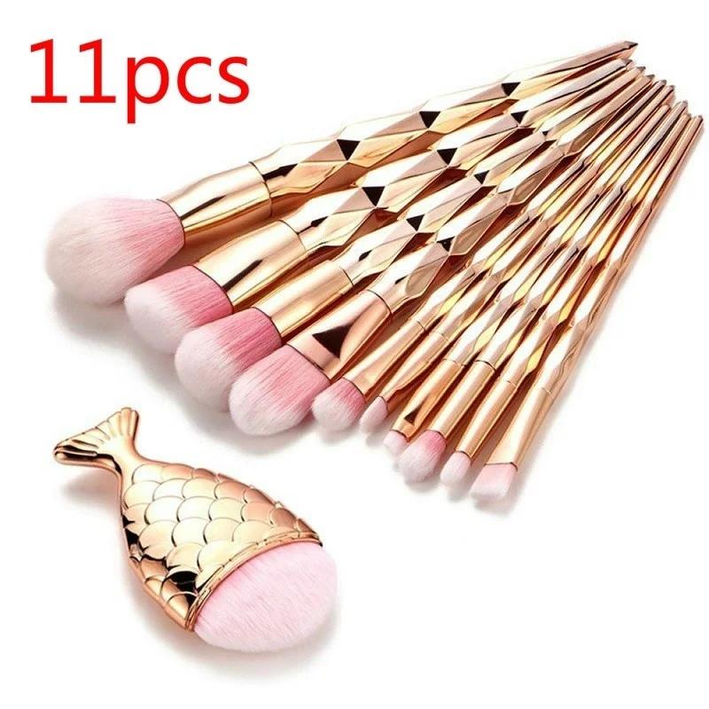 1Pcs Diamond Rose Gold Makeup Brushes Mermaid Fishtail Shaped Foundation Powder Cosmetics Brush Rainbow Eyeshadow Brush Kit