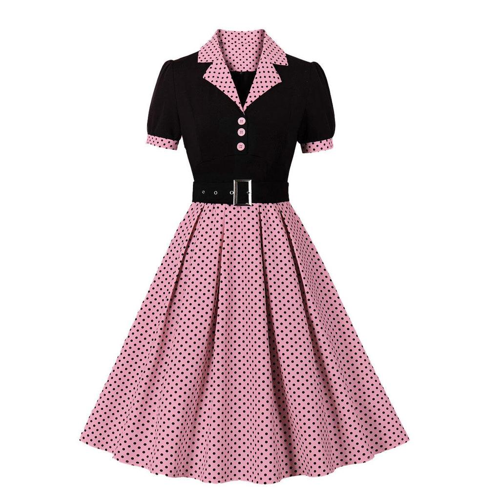 Women's Polka Dot Swing Dresses Lapel Buttons High Waist Belt Slim Fit Short Sleeves Summer Dress Office Work Casual Wear Vintage Outfit