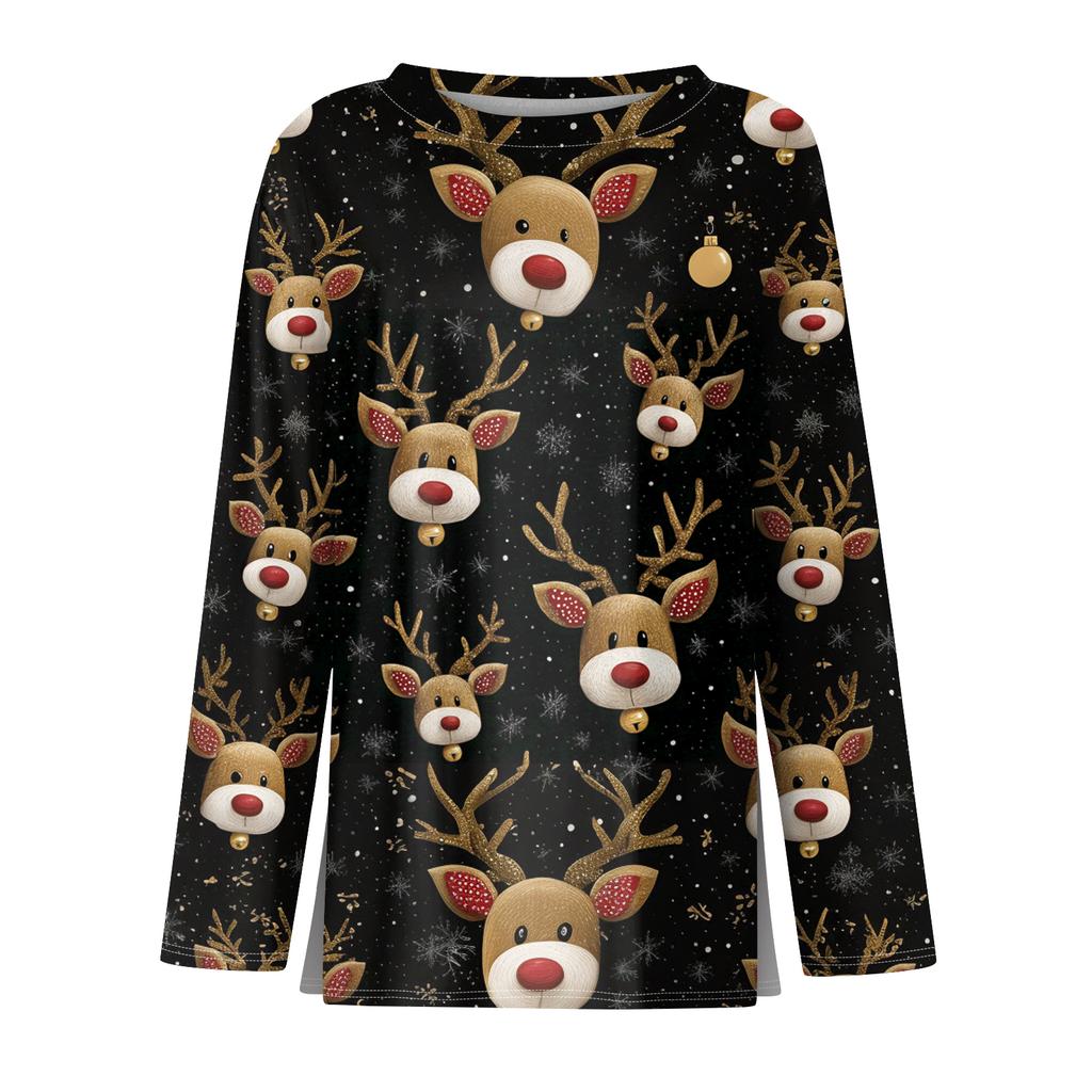 Women's Fashion Hem Slit Casual Christmas Printed Round Neck Long Sleeve Top