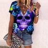 Women's Top Summer New Fashion Rose Flower Skull and Roses Printed Casual Zipper V-neck Short Sleeve Top