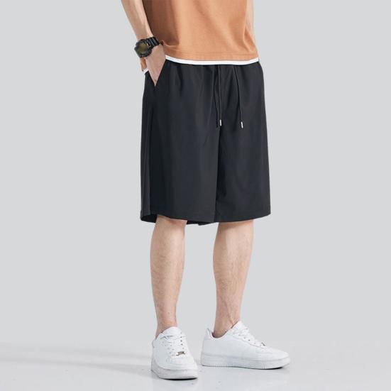 Men Shorts Adjustable Drawstring Waist Casual Trousers with Reinforced Pockets Solid Color Wide Leg Summer Sport Shorts