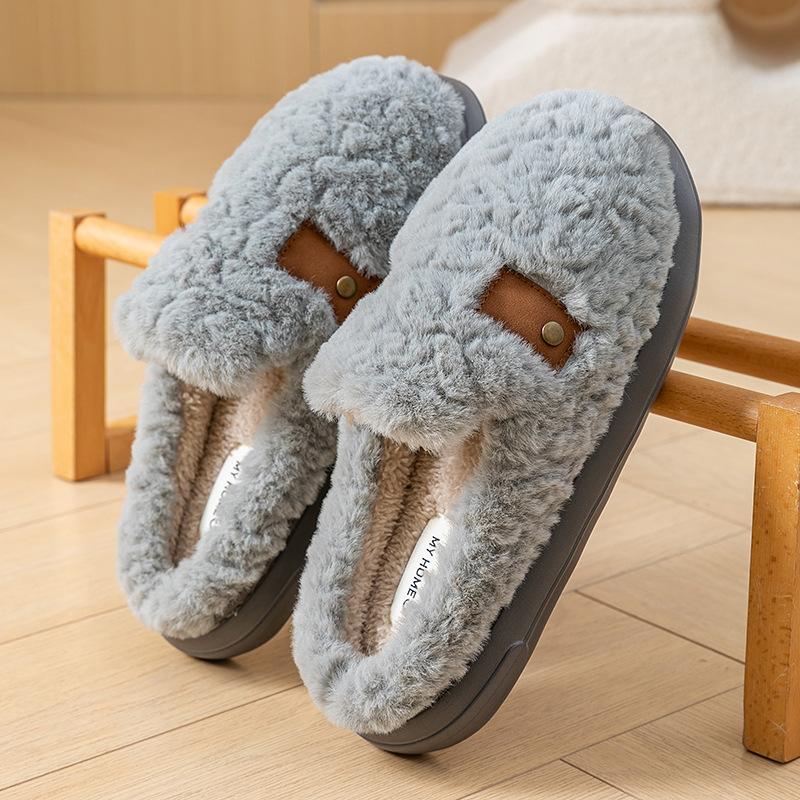 Thick-bottomed Cotton Slippers Autumn and Winter Indoor Home Fleece Warm Couple Three-color Splicing Plush Slippers
