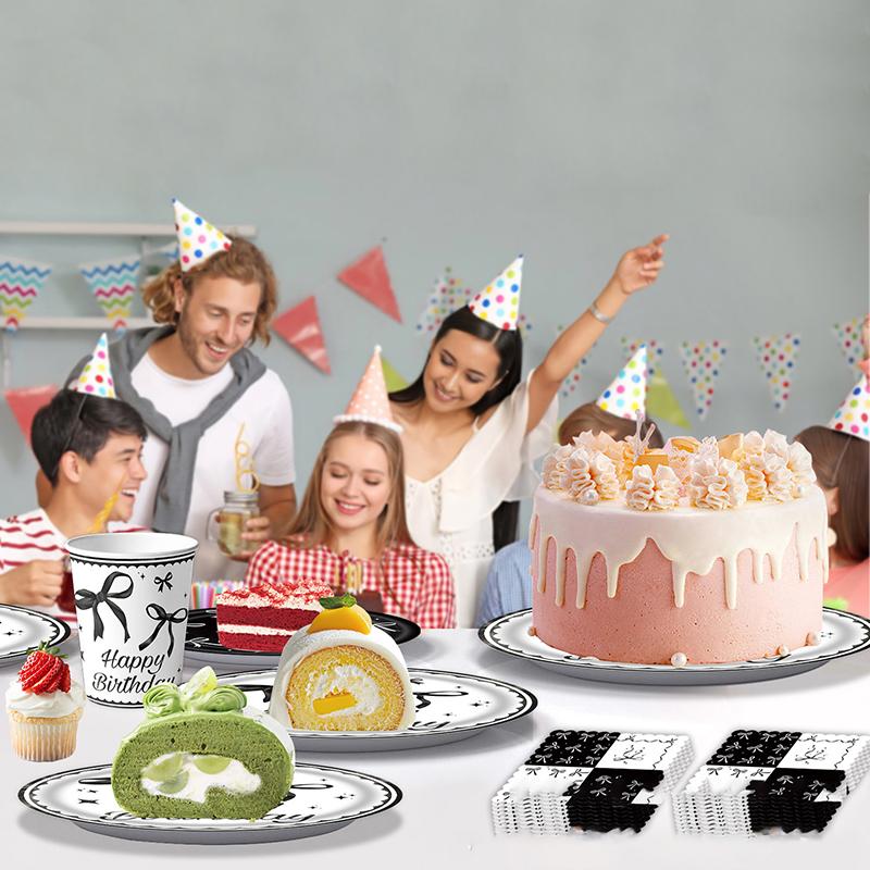 Black And White Bow Theme Kids Disposable Paper Plate Tablecloth Tissue Paper Party Set Decoration Decoration Supplies