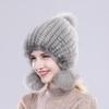 Women Winter Thick Real Mink Fur Hat with Fox Fur Pompoms Knitted Natural Fur Cap Lady Outdoor Warm 100% Real Mink Fur Hats