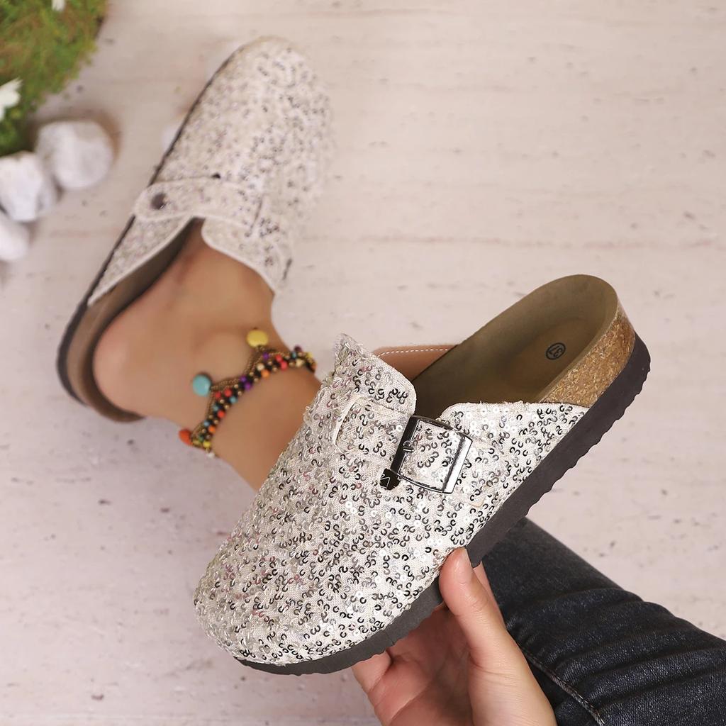 2025 New Women Slippers Casual Non Slip Flat Sandals Spring Sequined Half Slippers with Cork Toe Comfortable Shoes Slides Women
