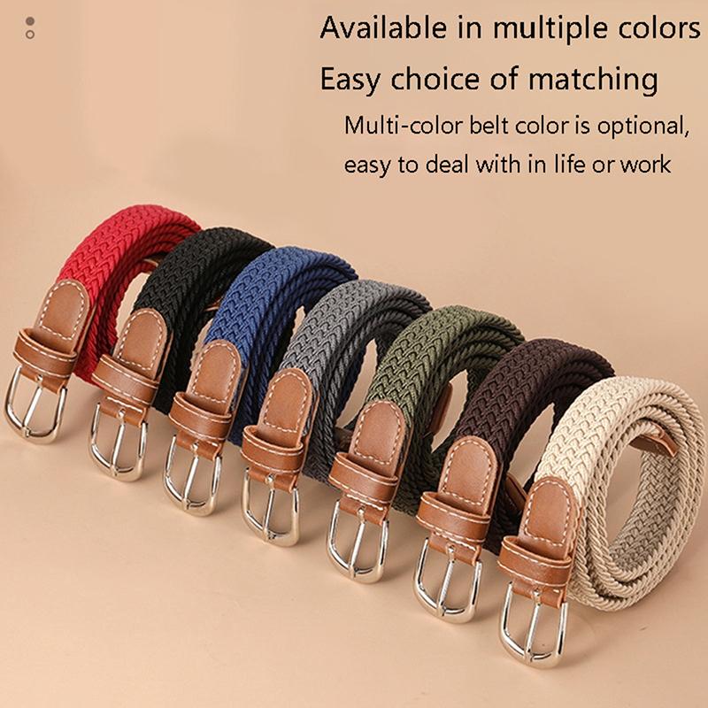 Belt Woven Canvas Belt Metal Buckle Men Women Elastic Braided Belt Punch Free