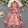 Spring Summer Women Designer Print Chiffon Runway Robe Plus Size Long Maxi Loose Vacation Beach Dresses With Belt