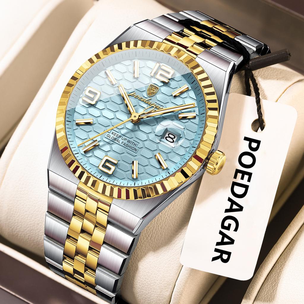 2025 New Men Watches Gorgeous Blue Gold 41mm Classic Clock Stainless Steel Diving Series Waterdrop Calendar Quartz Watch for Men