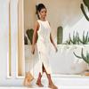 EDOLYNSA 2024 White Crochet Mesh Sleeveless Slit Beach Dress Summer Sexy Hollow Out Knitted Wrap Dress Beachwear Swimsuit Cover-ups