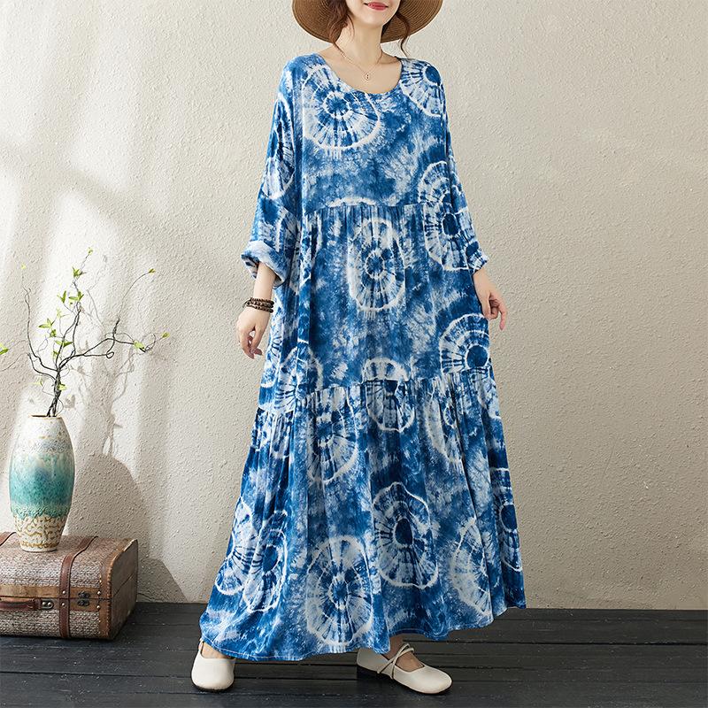 Round Neck Long Sleeve Bohemian Clothing Retro Autumn Cotton Linen Dresses Vintage Casual Floral Printed Long Dress for Women