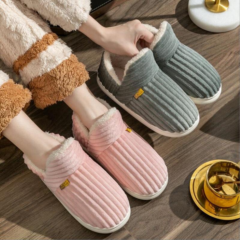 Winter Couple Style Concise Stripes Wrap Heels Plush Slippers Ladies' Non-slip Soft Warm Flip Flops Men Home Casual Cotton Shoes