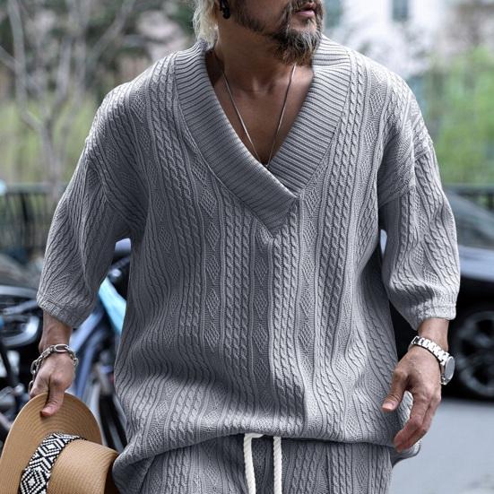 Мужской верх вязаный V-образный вырез с половиной рукавом свободный мешковатый сплошной цвет ретро аппликация эластичный мягкий дышащий средней длины спортивная повседневная футболка мужская футболка