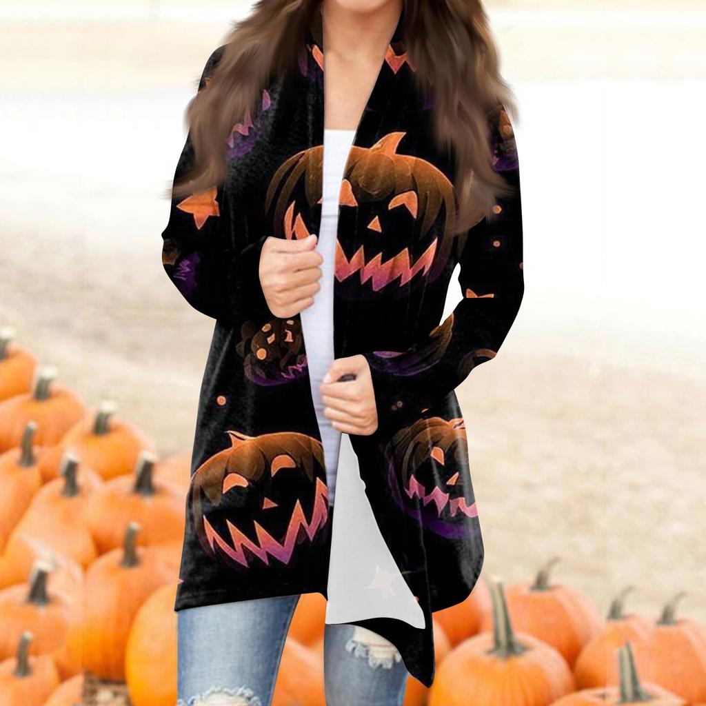 Women's Fashion Casual Halloween Printed Mid-Length Irregular Hem Cardigan Jacket