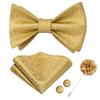 Gold Paisley Mens Self Bowtie Handkerchief Cufflinks Lapel Pin Set Mens Suit Bow Tie Set