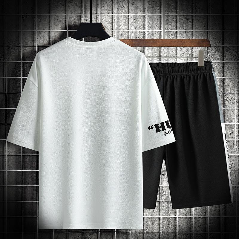 Summer Two Piece Set Men Harajuku Printed Tracksuit Short Sleeve Shorts Sets Mens O-Neck Breathable Casual Sportswear Clothing