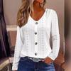 Autumn Solid Color Jacquard Hollow V-neck Button Long Sleeved T-Shirts Women’s