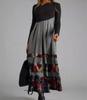 Women's Long Sleeve Black Top with Printed Maxi Skirt Dress, Bohemian Floral Geometric Pattern, Multiple Color Options