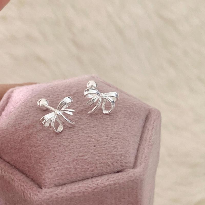 Earrings For Women, Screw-Buckle Ear Bone Nail Earrings, Trendy Ear Piercing, Japanese Style, Small Ribbon Bow, Screw Earrings