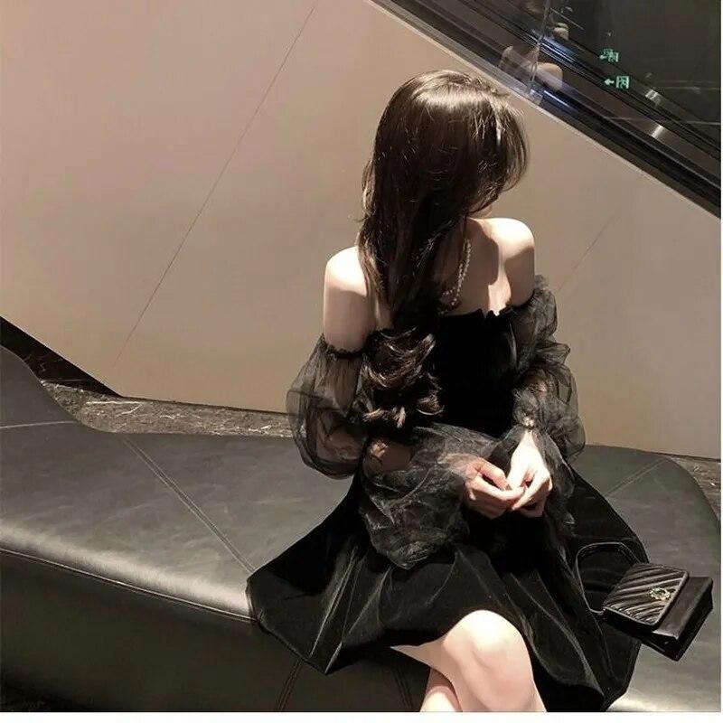 Black Retro Dress Women Lace Chiffon Mini Dress Female High Street Korean Style Dress Party Dress
