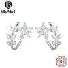 Bisaer 925 Sterling Silver Cubic Zirconia Flower & Leaf Earrings for Women Gift Fashion Jewelry