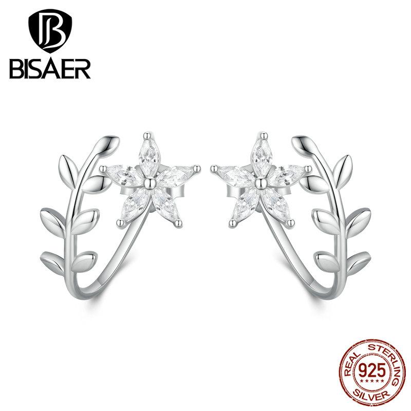 Bisaer 925 Sterling Silver Cubic Zirconia Flower & Leaf Earrings for Women Gift Fashion Jewelry