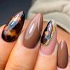 24pcs Fall And Winter Brown Halo Dyeing Fake Nails, Marble Print Press On Nails With Golden Glitter Design, Glossy Glue On Nails Full Cover  Nails