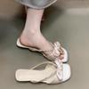 2025 Summer New Cool Slippers Women Wear French Bow Rhinestones with Sweet Fairy Style Square Head